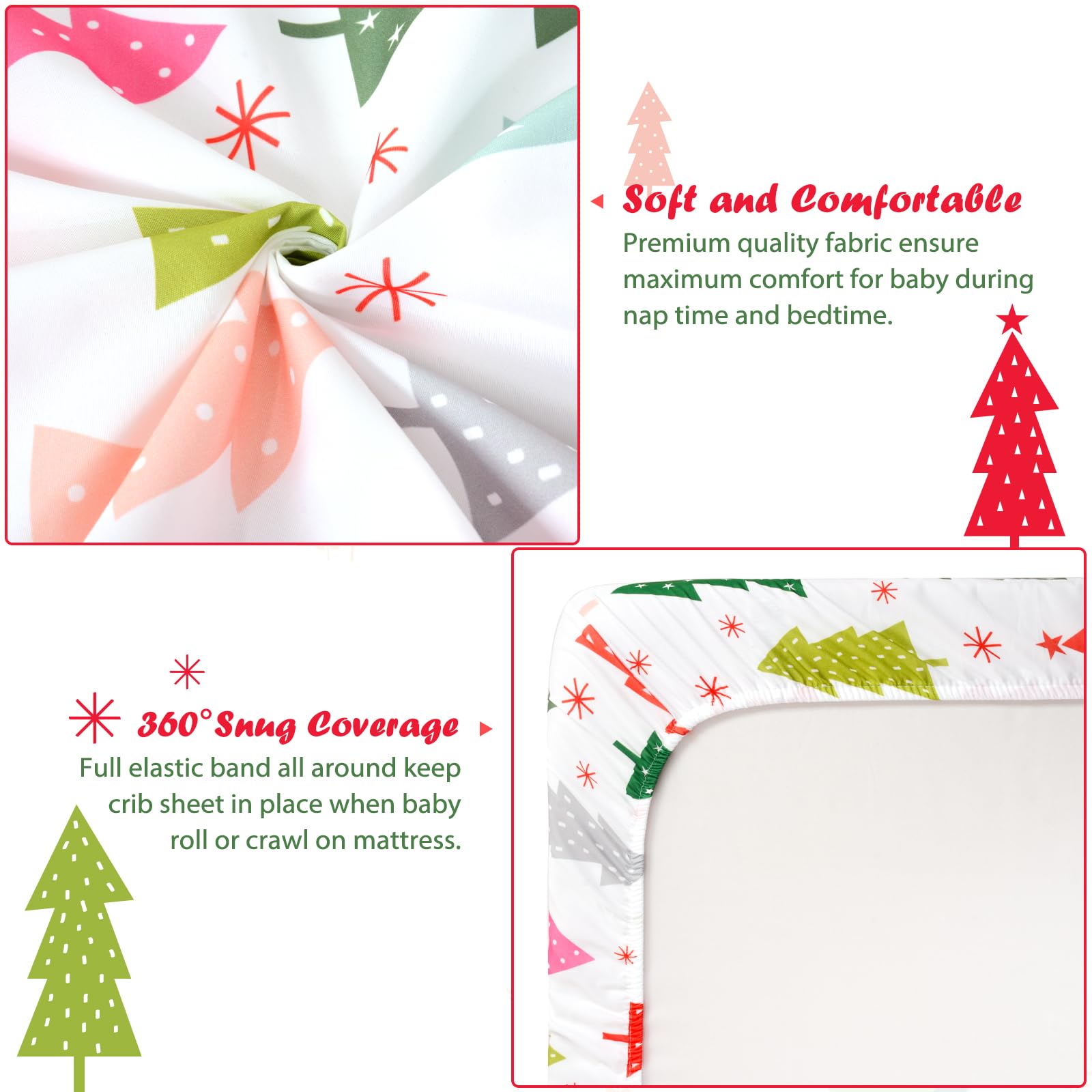 JISEN Christmas crib sheet features colorful Christmas tree pattern for festive nursery decor.
