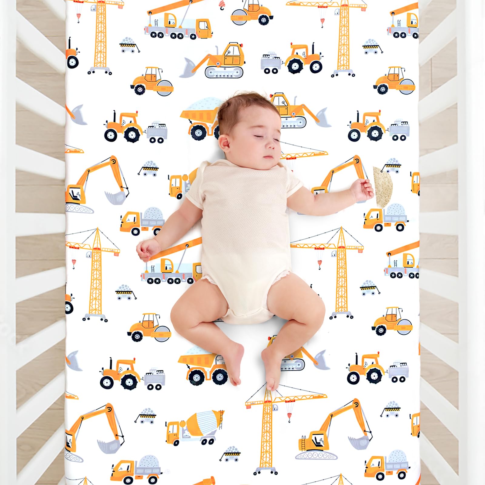 JISEN crib sheet 52x28 on standard crib demonstrates snug fit.