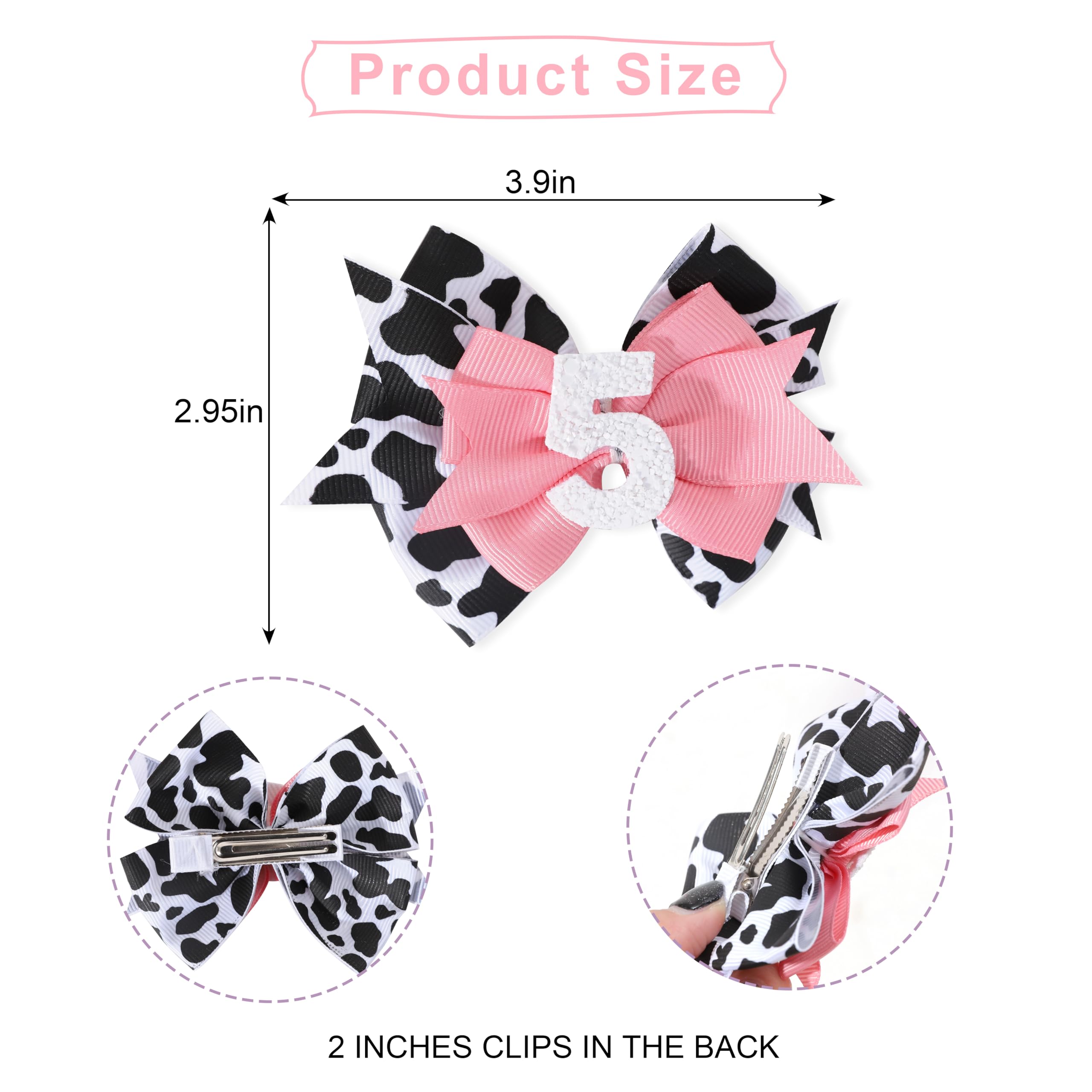 Jissoo cow print bow headband worn on baby girl, ideal for farm-themed party photos.