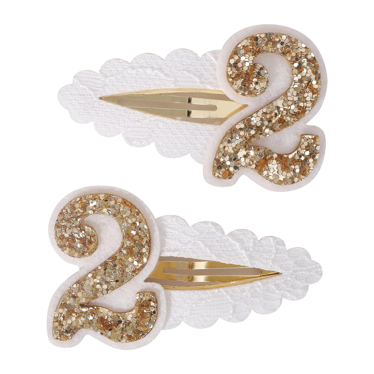 Jissoo 2nd Birthday Hair Clip in white glitter enhances party-ready princess look