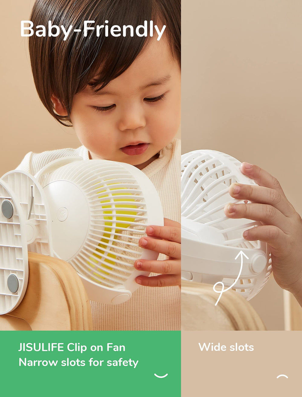 JISULIFE clip-on baby stroller fan 4-speeds dial illustrates customizable airflow.