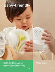 JISULIFE clip-on baby stroller fan 4-speeds dial illustrates customizable airflow.