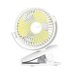 JISULIFE clip-on stroller fan shown clipped to a stroller for on-the-go cooling.