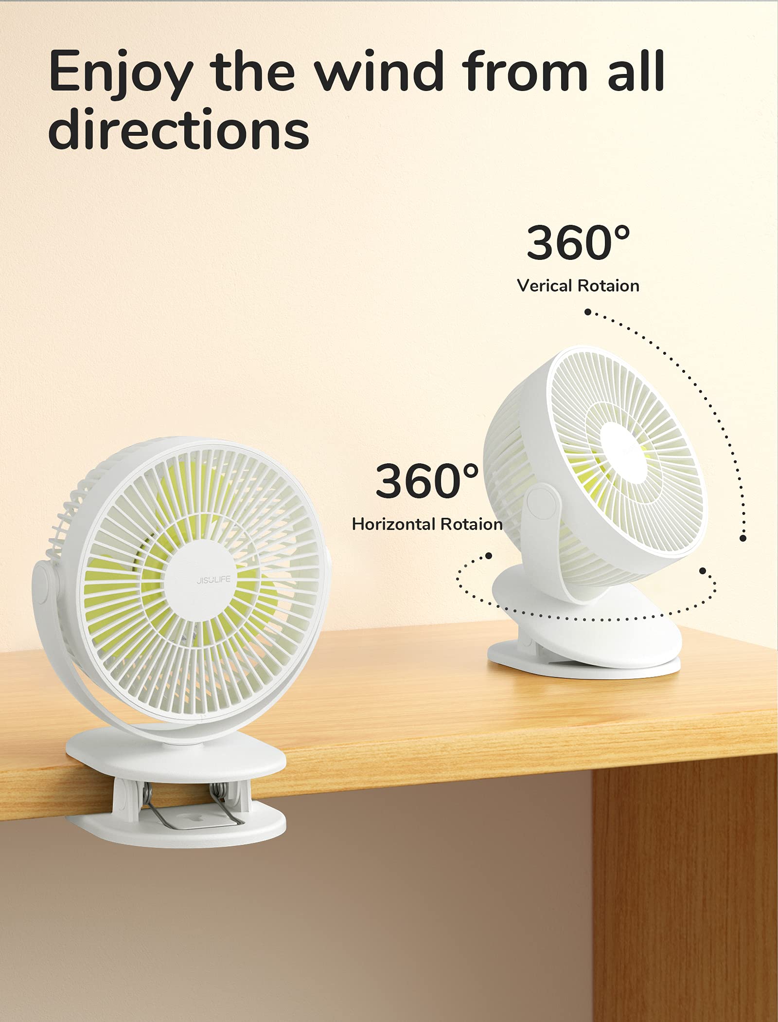 JISULIFE clip-on baby stroller fan on-bed use supports crib and desk cooling.