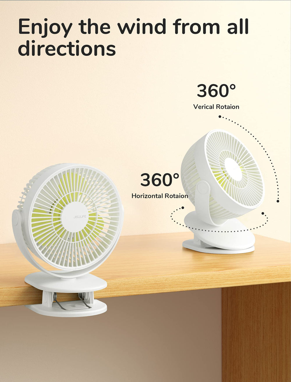 JISULIFE clip-on baby stroller fan on-bed use supports crib and desk cooling.