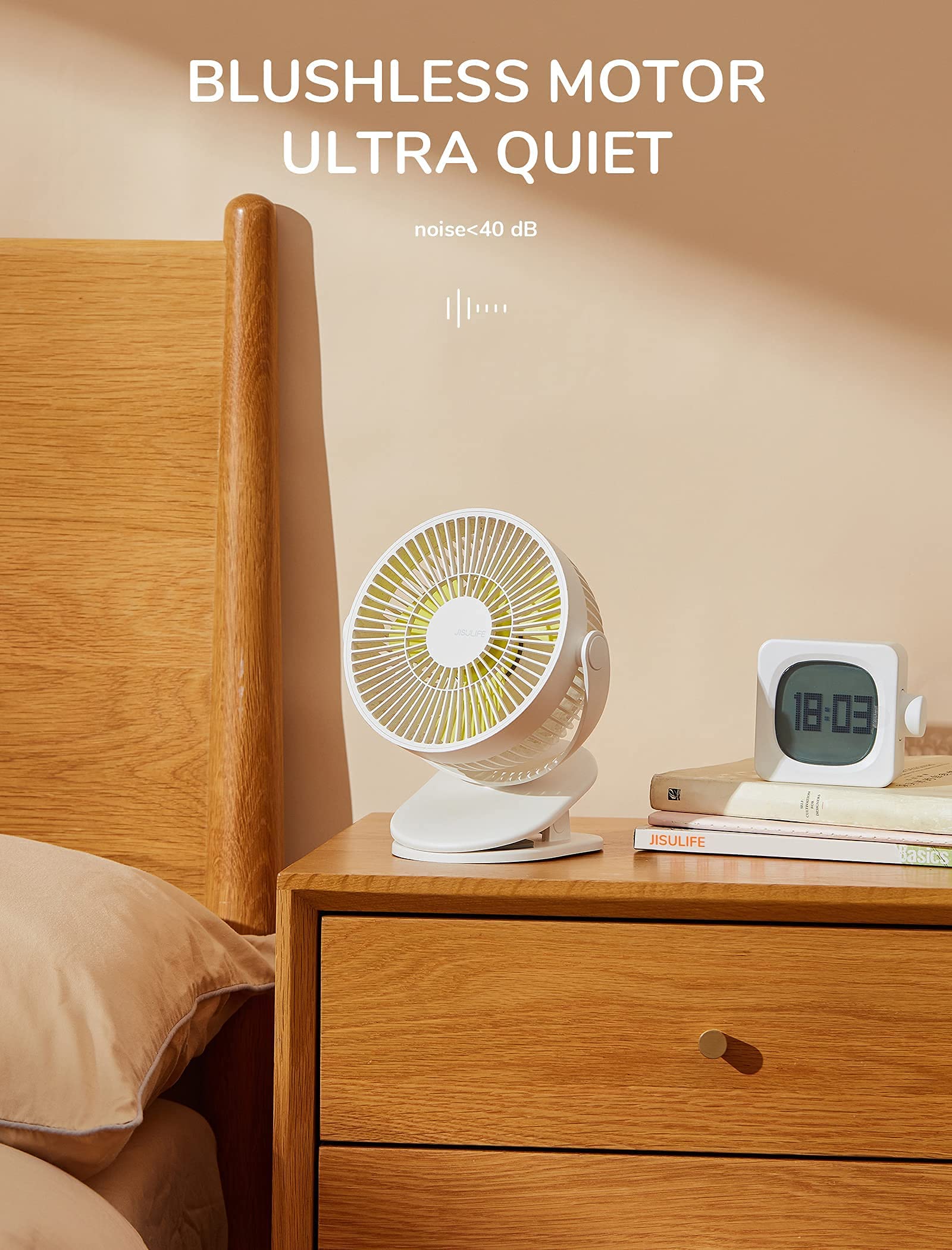 JISULIFE clip-on baby stroller fan quiet-operation emphasizes low noise under 40 dB.