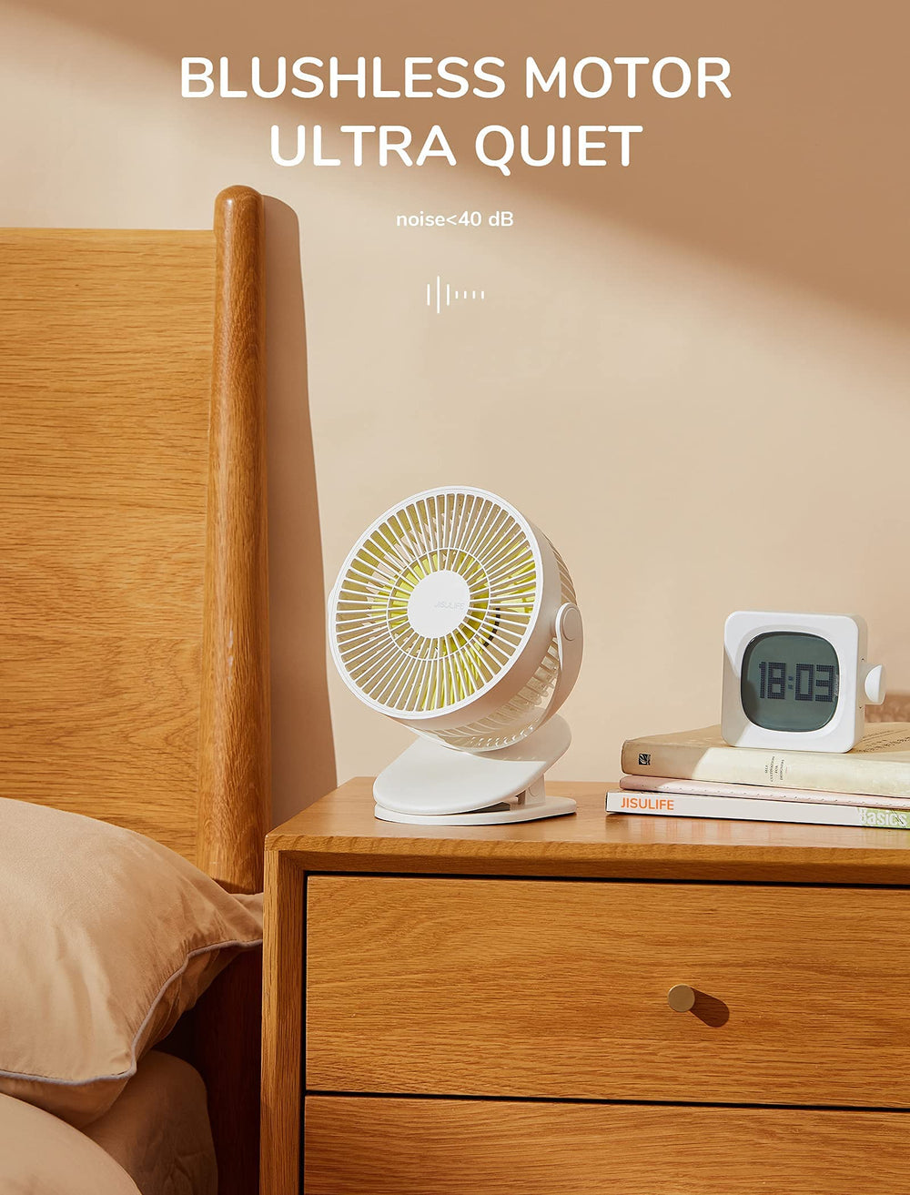 JISULIFE clip-on baby stroller fan quiet-operation emphasizes low noise under 40 dB.