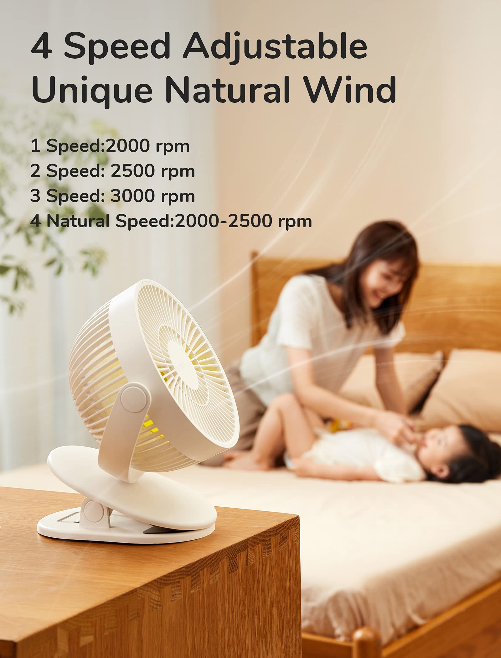 JISULIFE clip-on baby stroller fan safety cover close-up highlights the tiny finger gap protection.