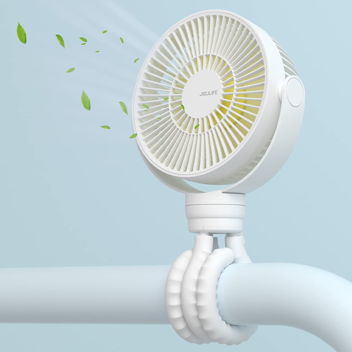 JISULIFE Mini Stroller Fan clipped on a stroller delivering cooling on the go