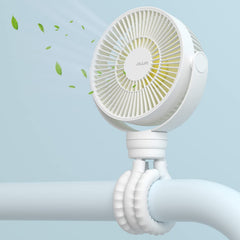 JISULIFE Mini Stroller Fan clipped on a stroller delivering cooling on the go