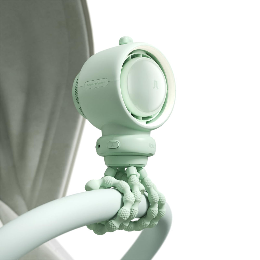 JISULIFE stroller fan bladeless design close-up showing safe baby cooling