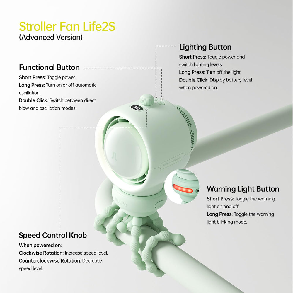 JISULIFE stroller fan in crib or desk setup for versatile use