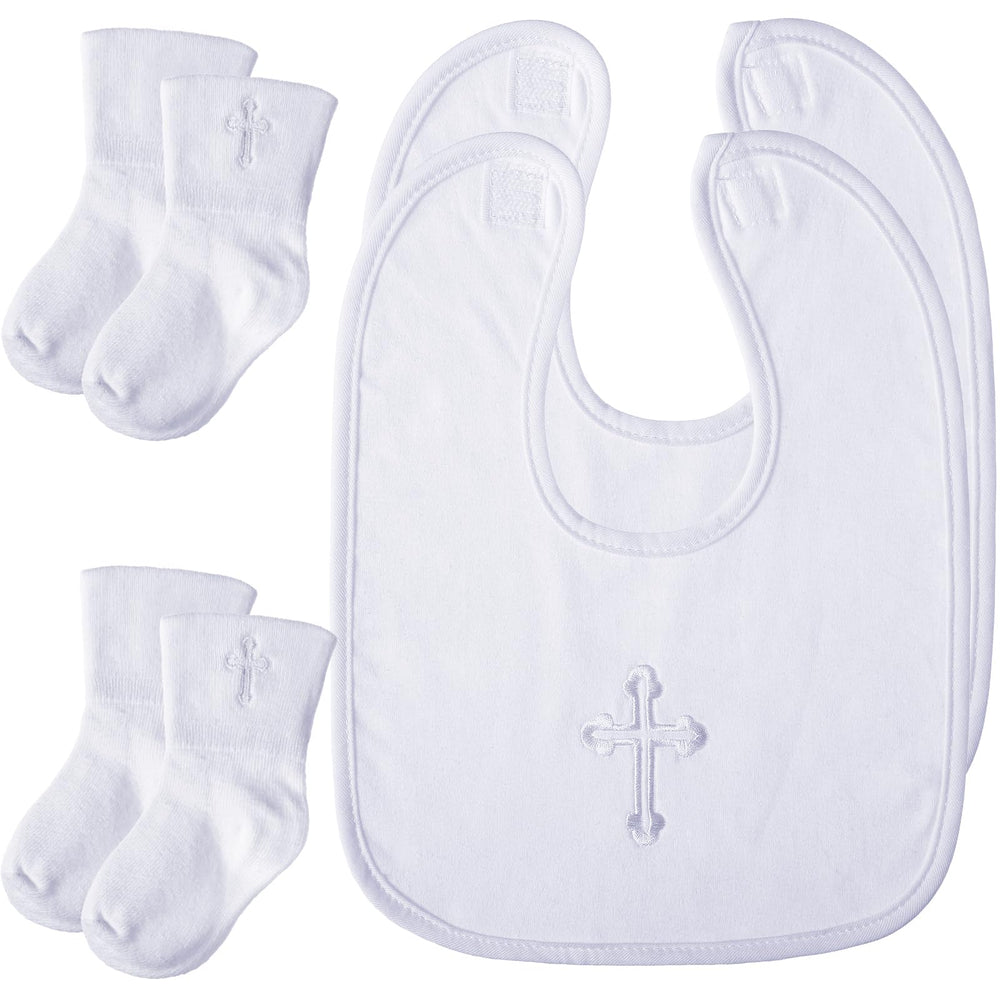 Jiuguva baptism gifts 4pcs set: white bibs and socks for Christening photos
