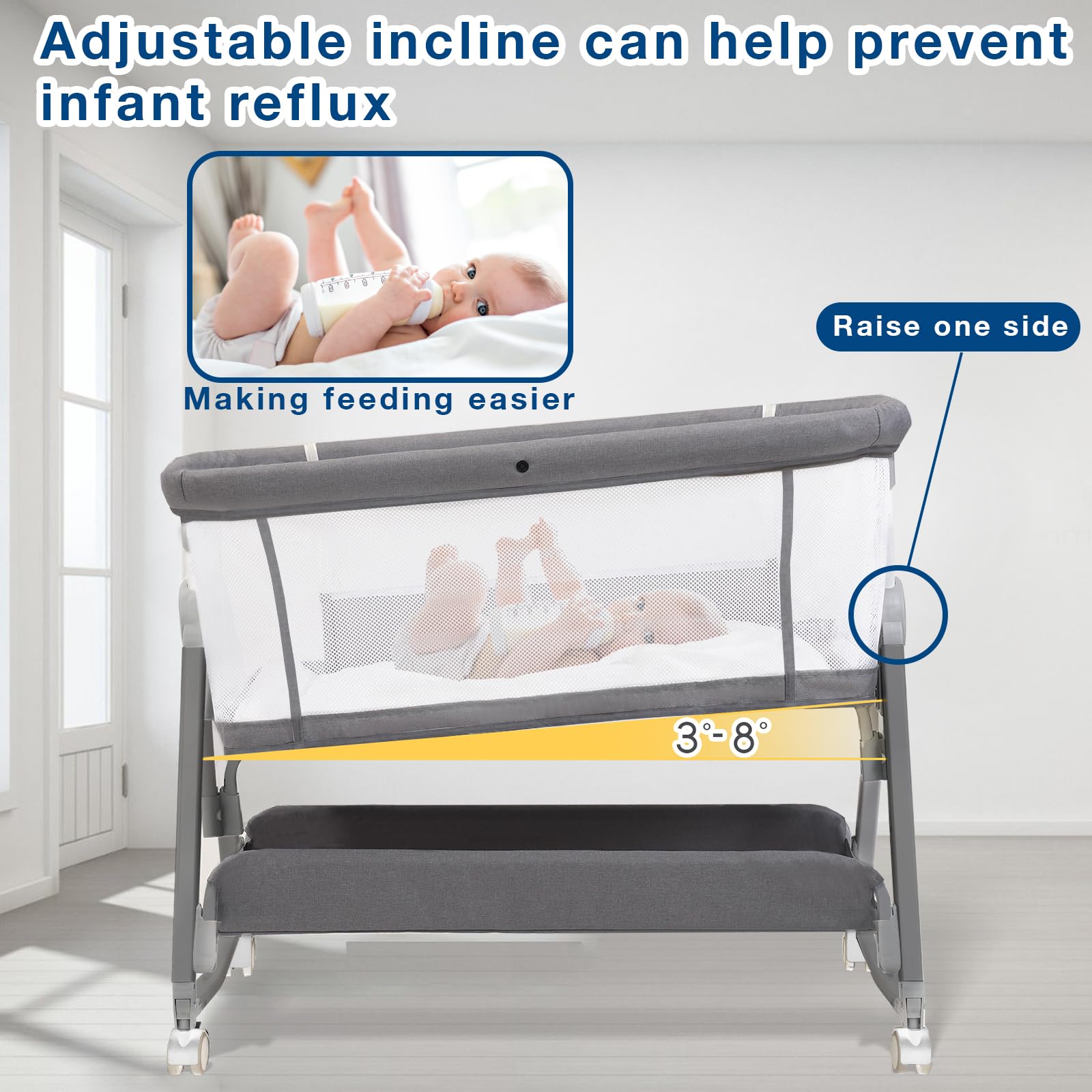 Jixrolyn bassinet with wheels and brakes moves rooms safely.