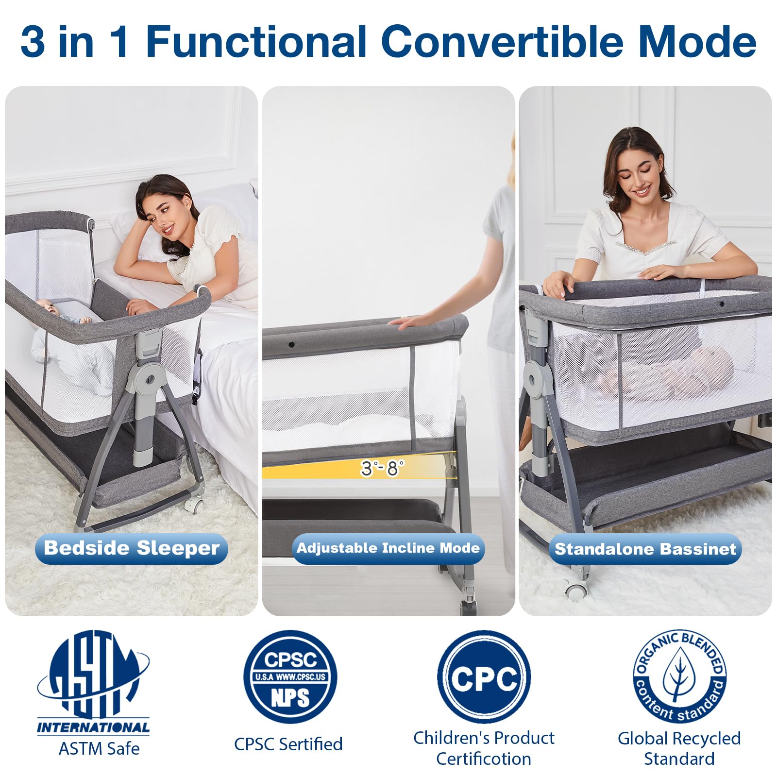 Jixrolyn bedside bassinet attachment enables easy soothing at arm's reach.