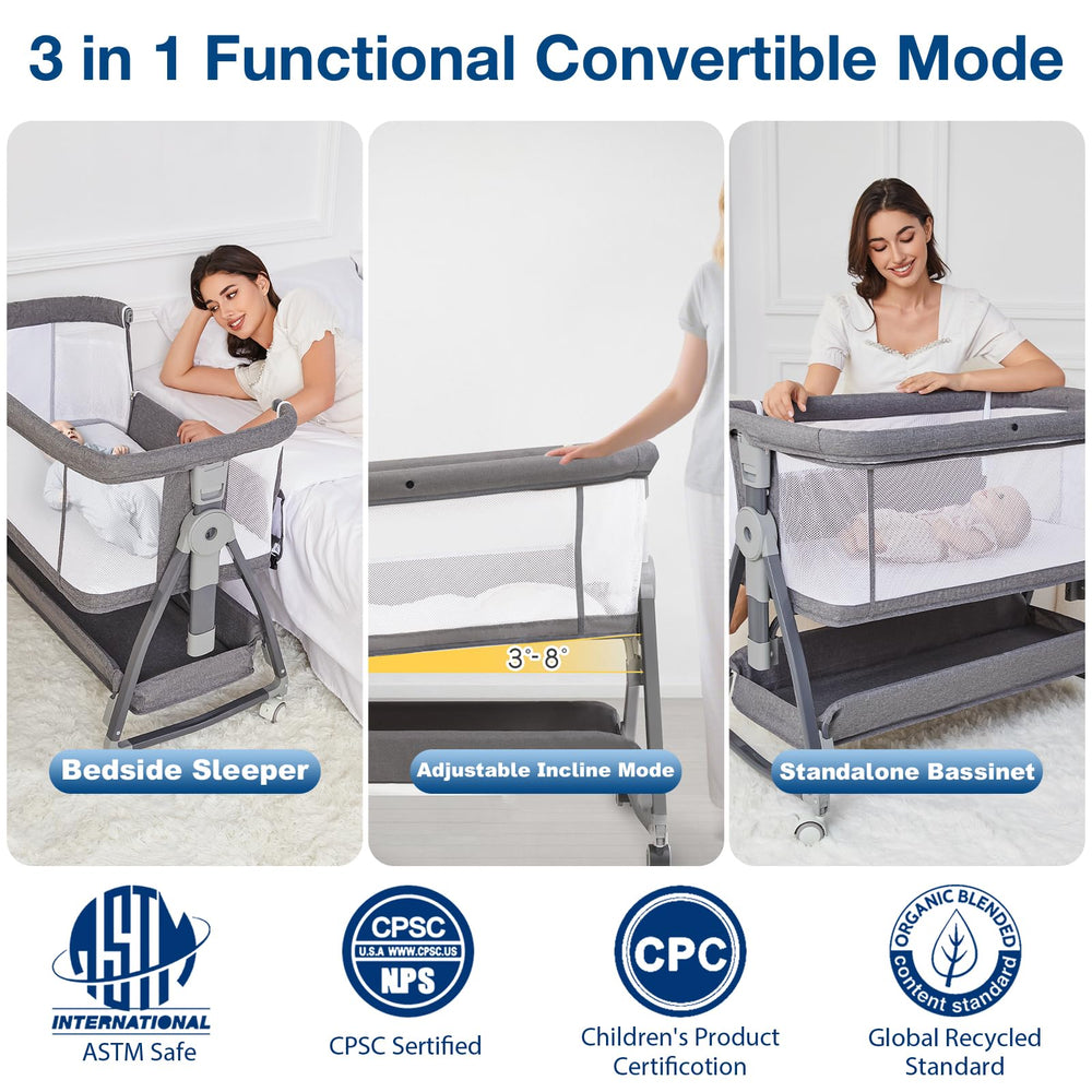 Jixrolyn bedside bassinet attachment enables easy soothing at arm's reach.