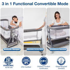 Jixrolyn bedside bassinet attachment enables easy soothing at arm's reach.