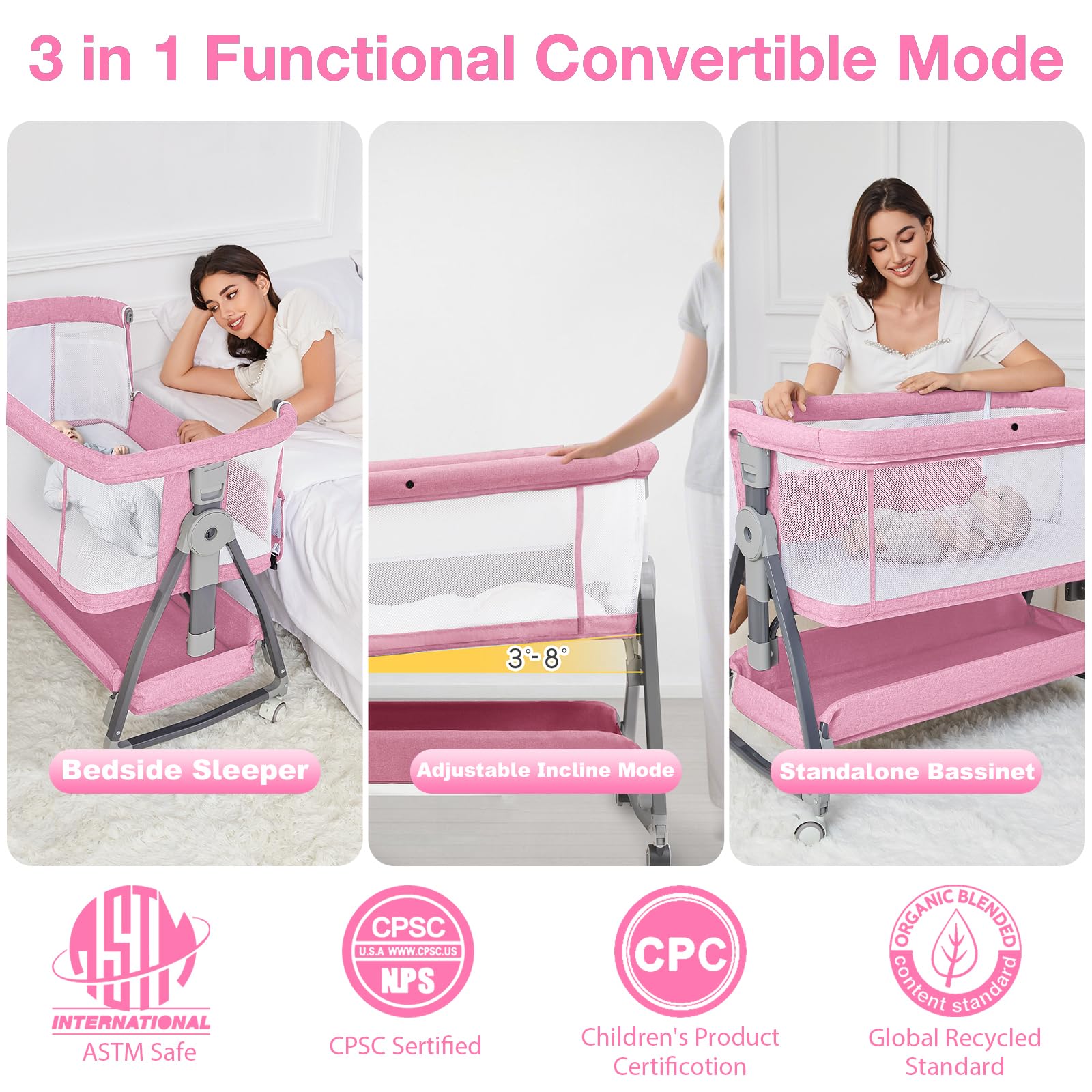 Jixrolyn pink bassinet bedside-sleeper beside bed for easy feeds and closeness.