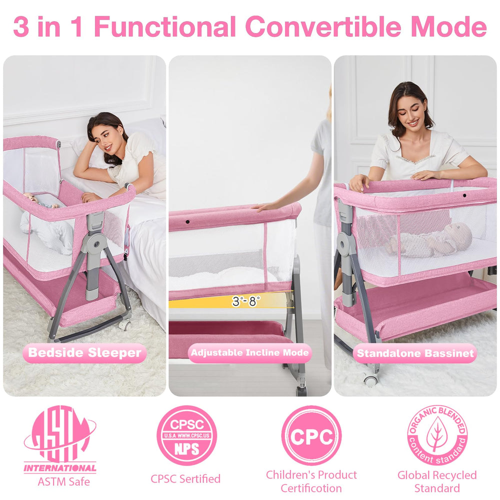 Jixrolyn pink bassinet bedside-sleeper beside bed for easy feeds and closeness.