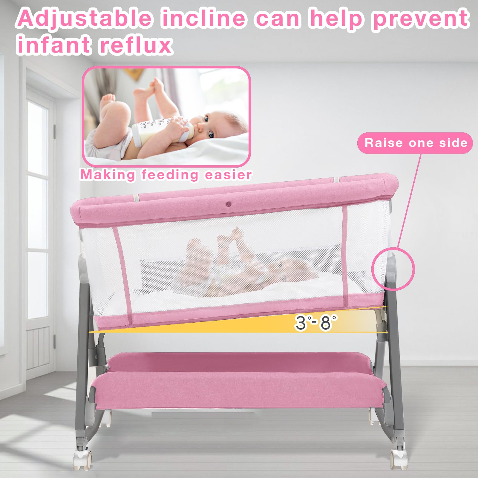 Jixrolyn pink bassinet breathable-mesh emphasizes airflow and clear baby view.