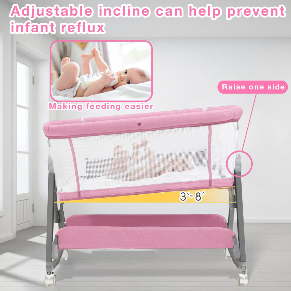 Jixrolyn pink bassinet breathable-mesh emphasizes airflow and clear baby view.
