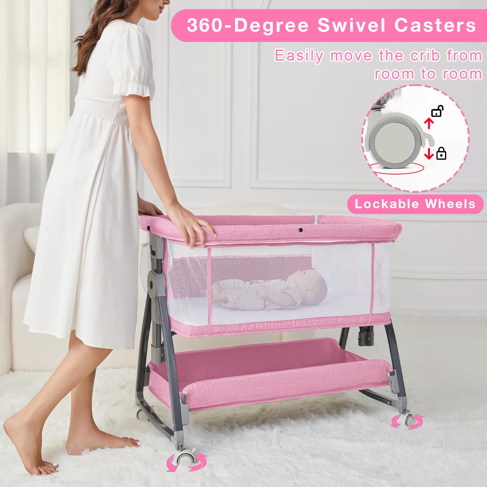 Jixrolyn pink bassinet mosquito-net demonstrates protective mesh canopy for evenings.