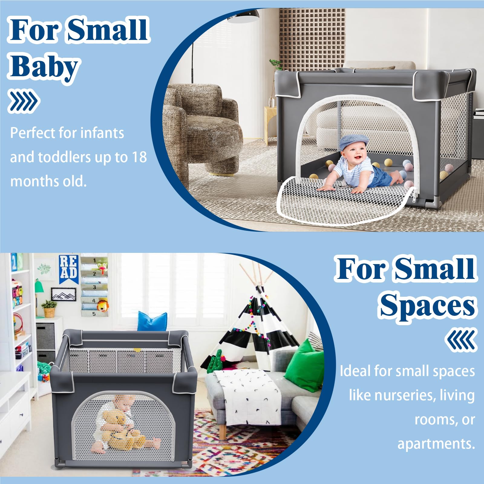 Jixrolyn small playpen soft corner cushions reduce bumps during playtime.