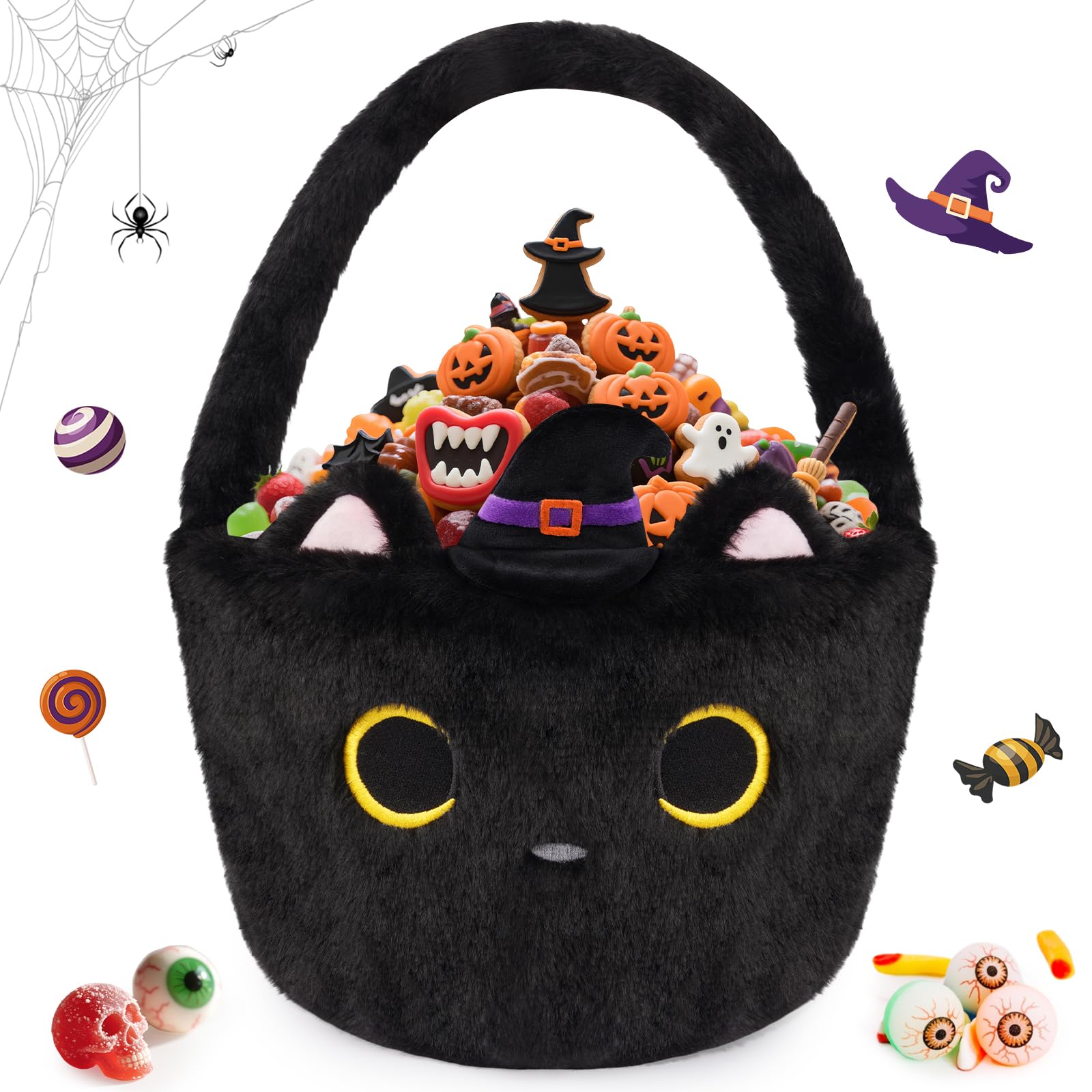 JIZWPOOM black cat plush basket front view for Halloween decor and candy storage