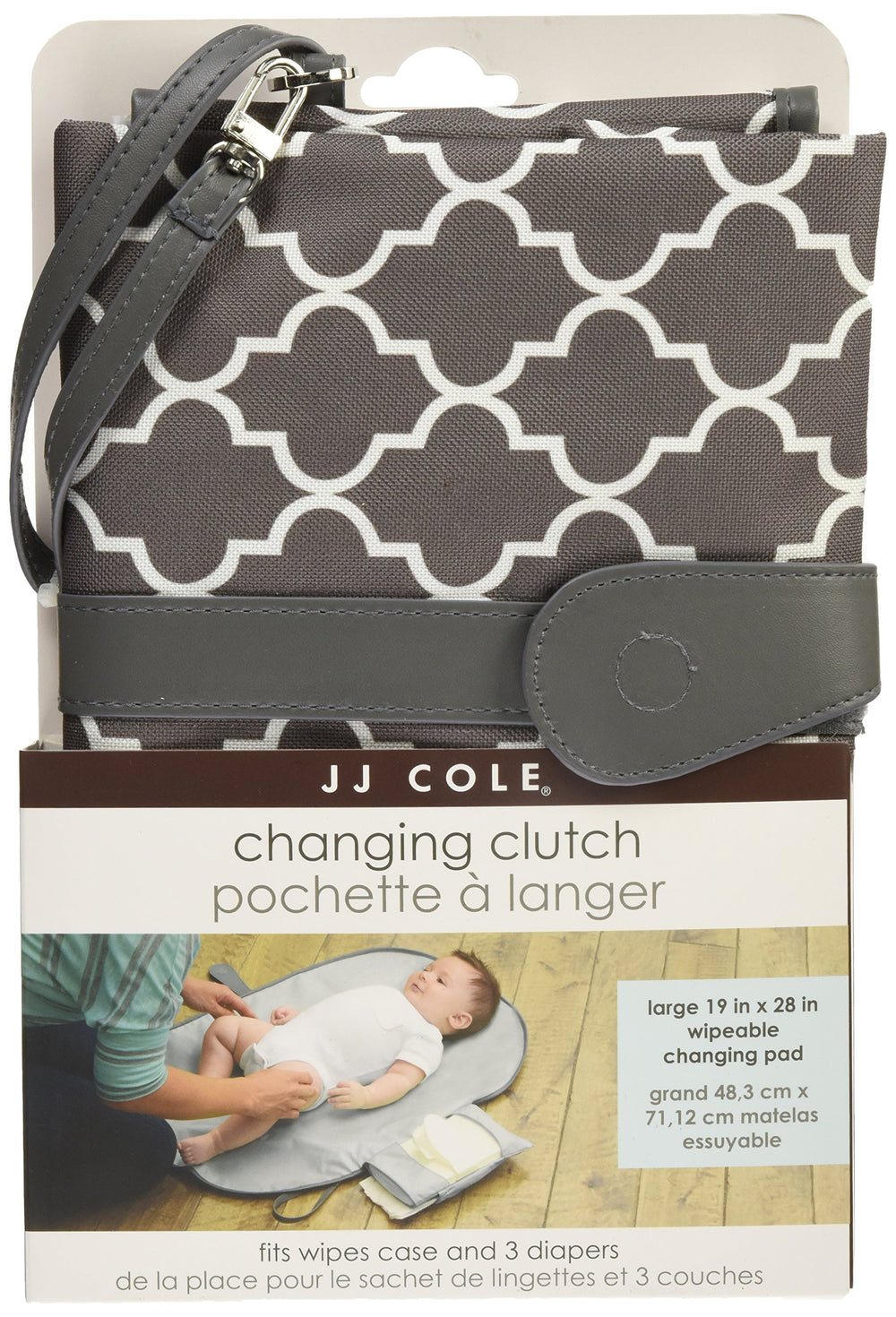 JJ Cole Diaper Changing Clutch Stone Arbor wipeable pad enables easy cleanup.