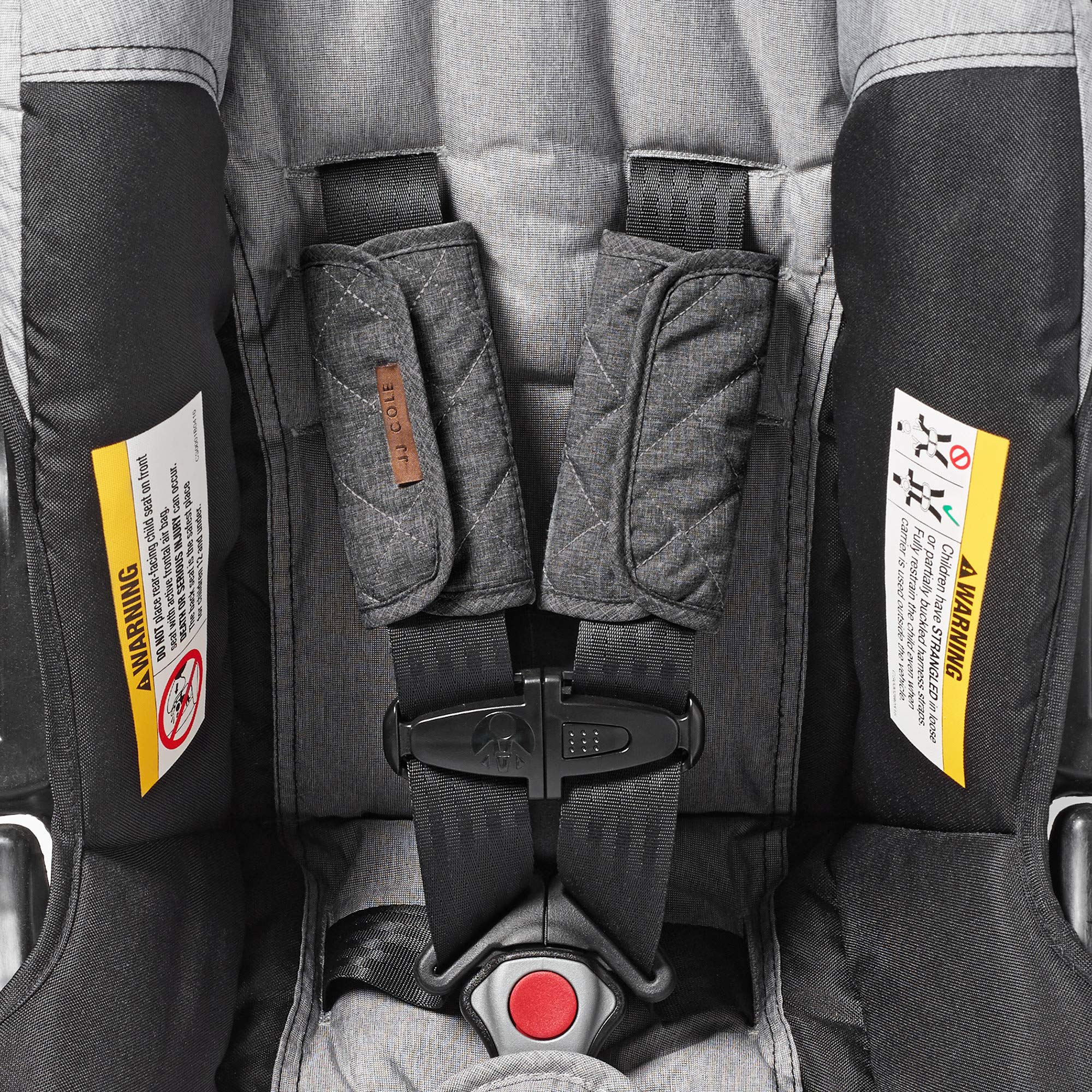 JJ Cole seat belt cover Heather Gray closeup highlights soft fabrics and neutral style.