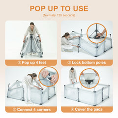 JJKAKA playpen with pull-up rings encourages standing and walking skills.