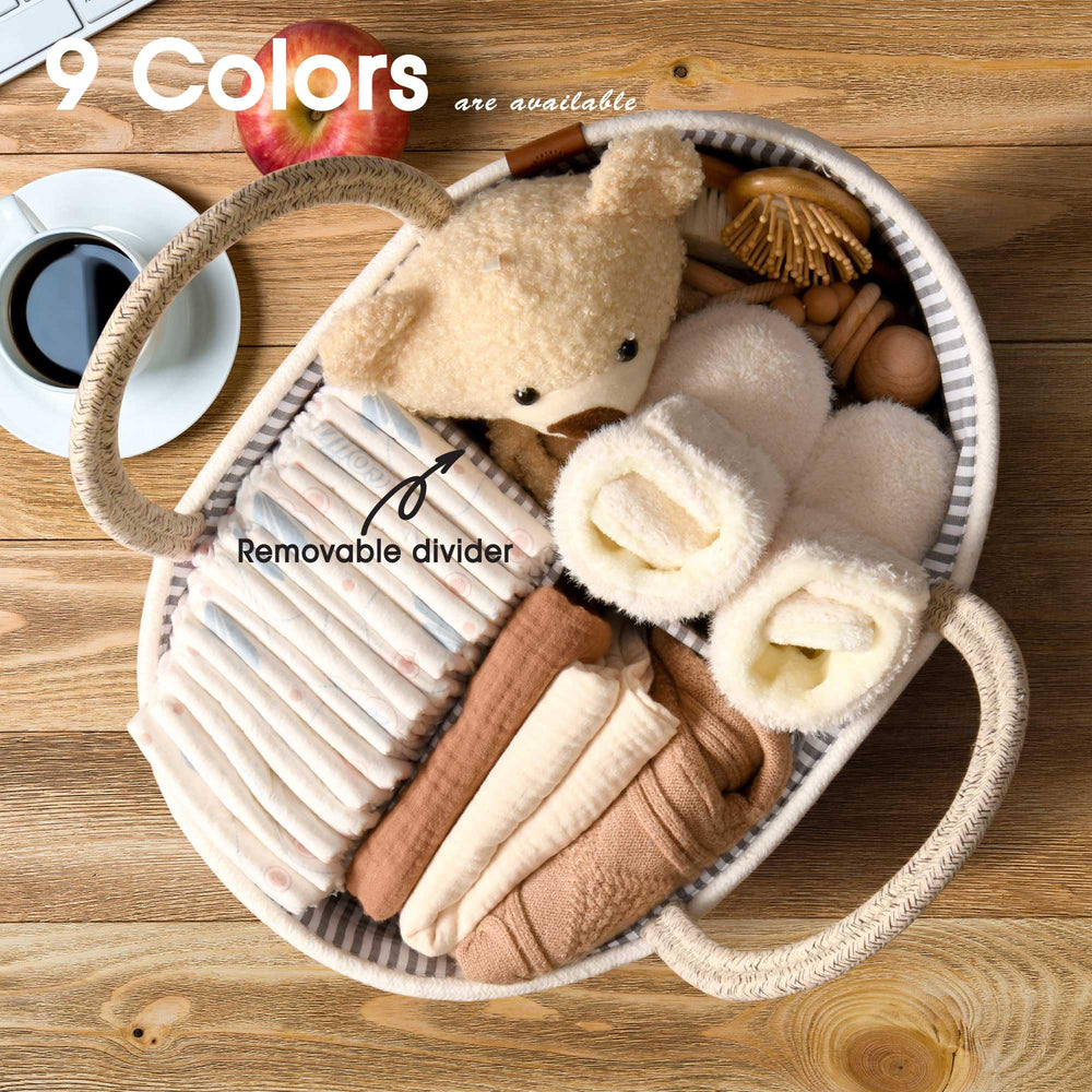 JJOO basket arranged on a dresser for convenient diaper changes and storage.