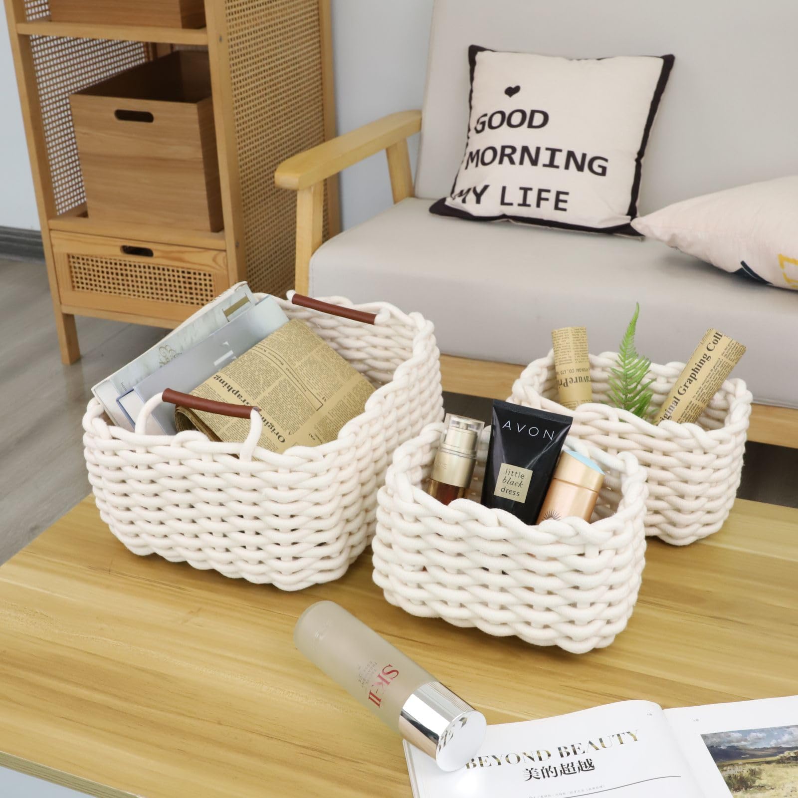 JJSQYLAN small white cotton rope basket for nursery organization and toys