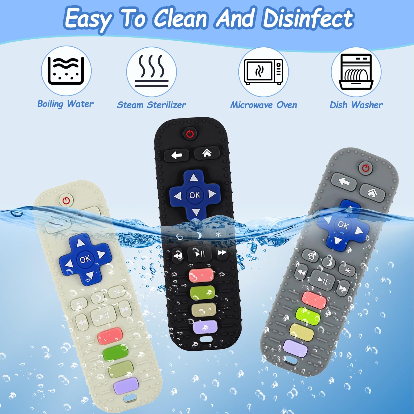 Jkevow teether dishwasher-safe icon indicating easy cleaning and sanitization