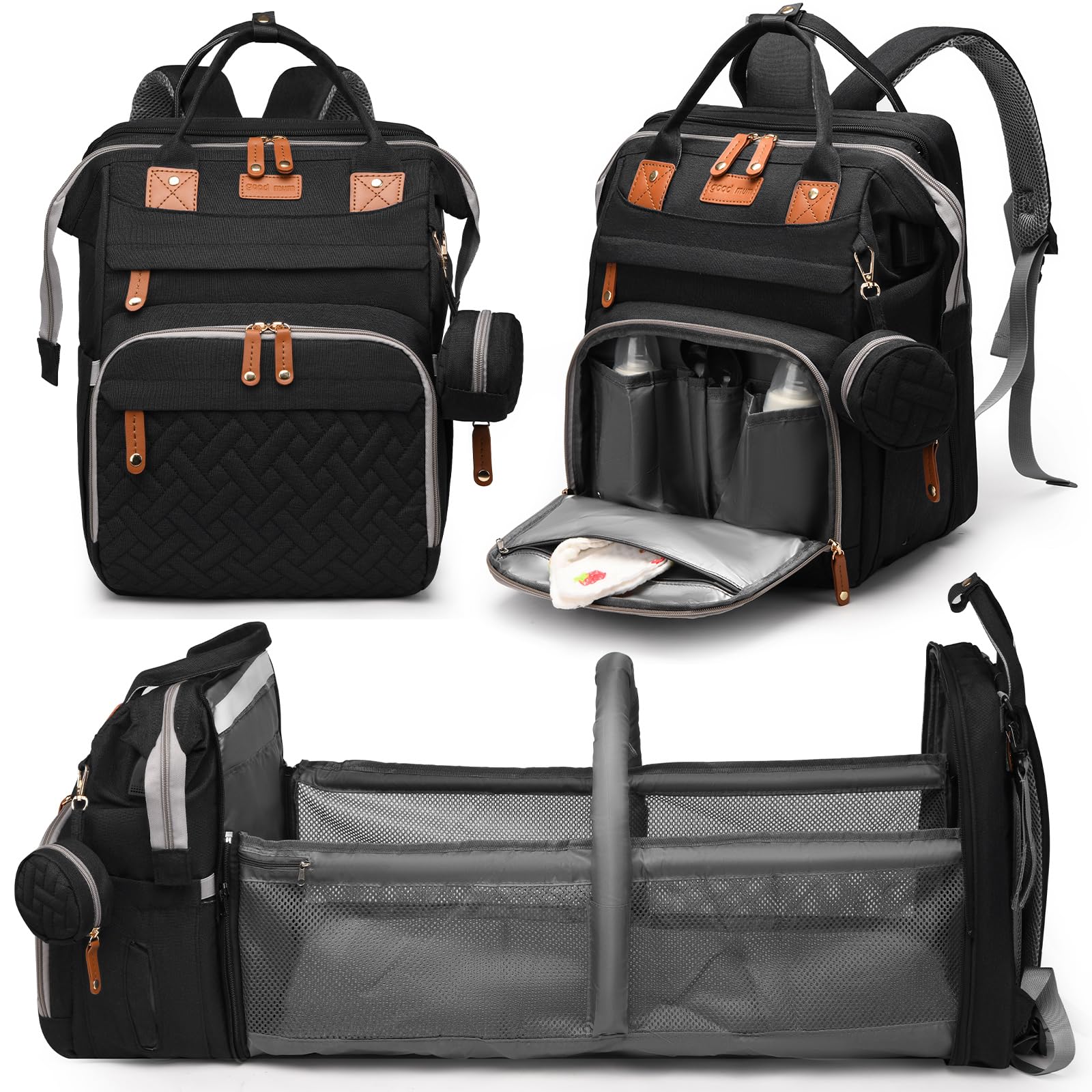 JKJRJJ diaper bag backpack with changing station in black for easier on-the-go diaper changes