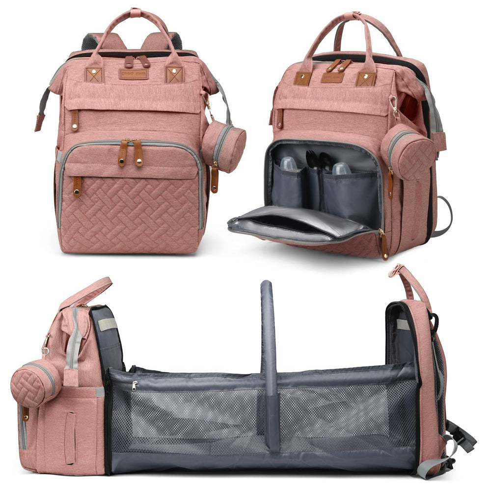 JKJRJJ diaper bag backpack with changing station in pink for easy on-the-go diaper changes.