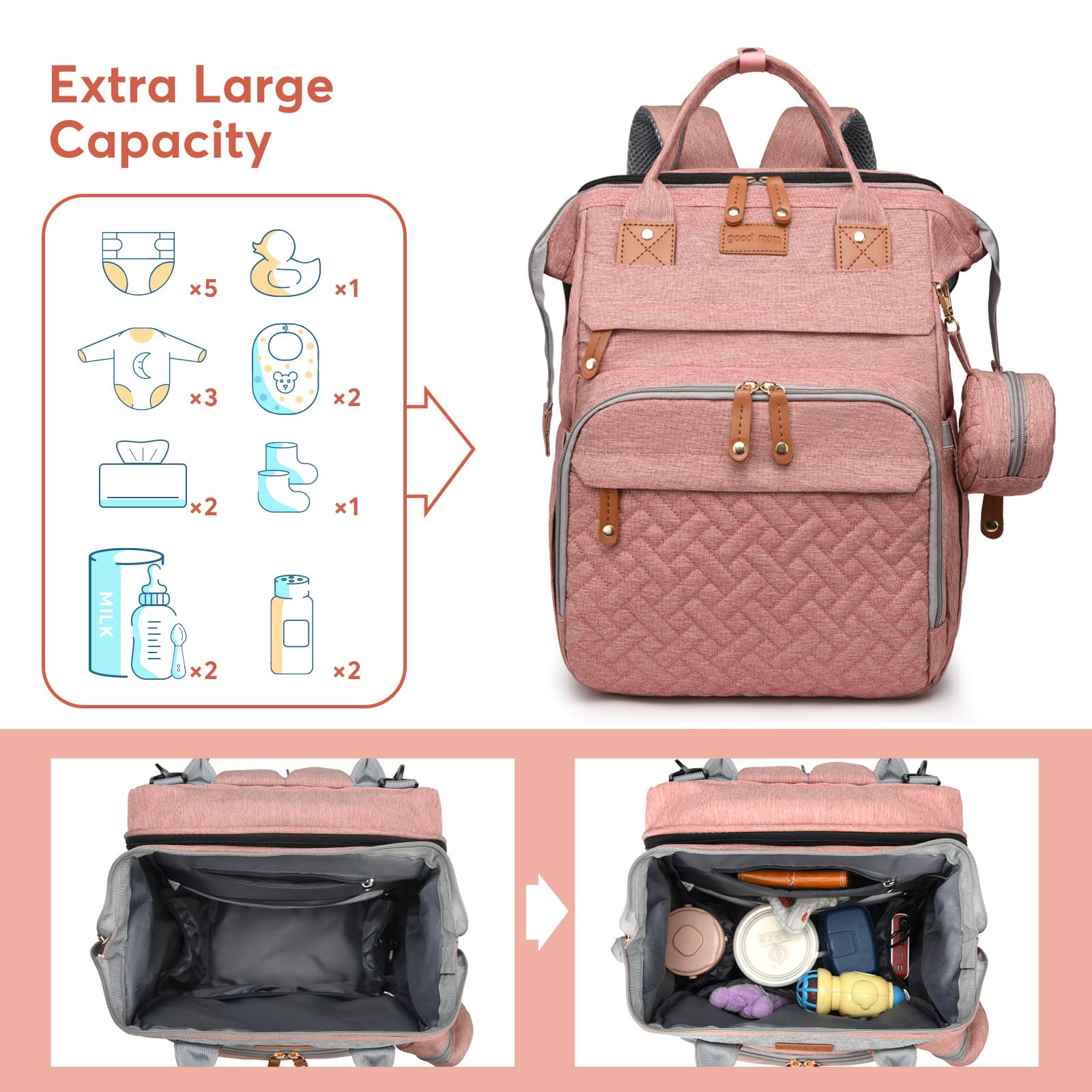 JKJRJJ diaper bag backpack features large capacity pockets for diapers, bottles and clothes.