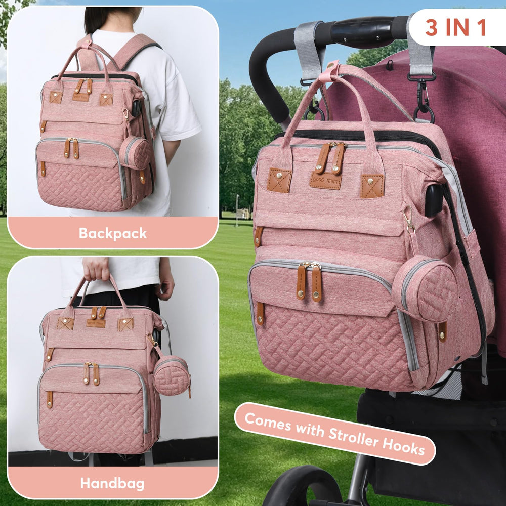 JKJRJJ diaper bag backpack shows removable toy arch for baby's playtime.