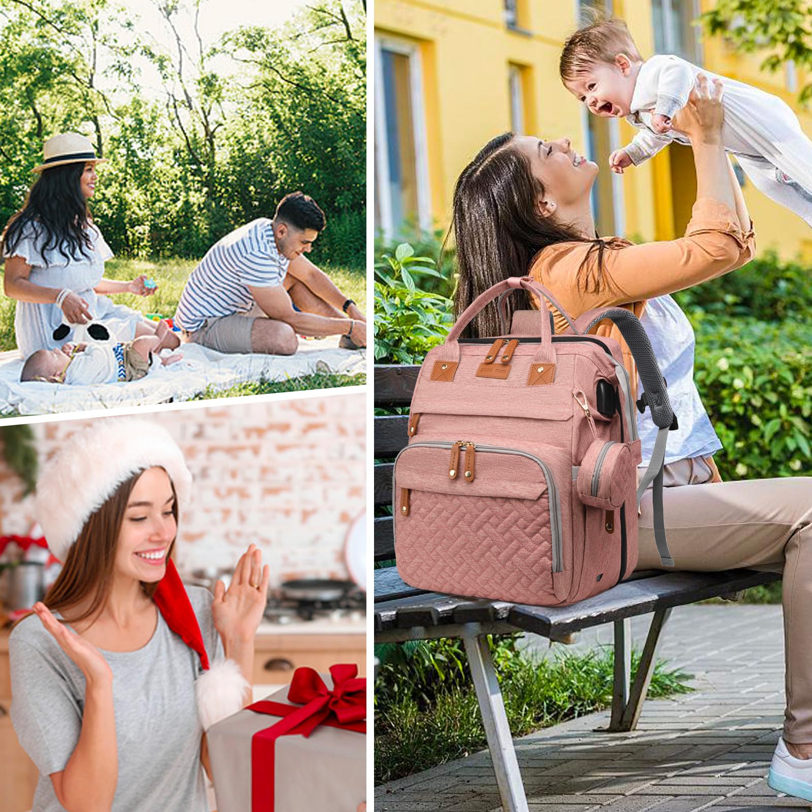JKJRJJ diaper bag backpack includes stroller straps for hands-free travel.