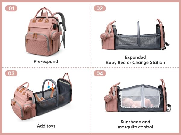 JKJRJJ diaper bag backpack provides sun protection and mosquito shield for sunny outings.