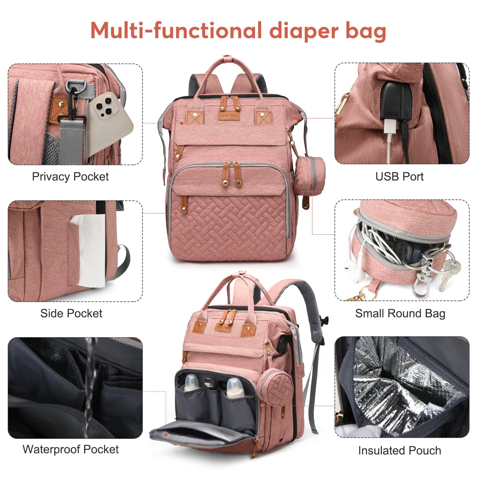 JKJRJJ diaper bag backpack includes USB charging port for on-the-go device power.
