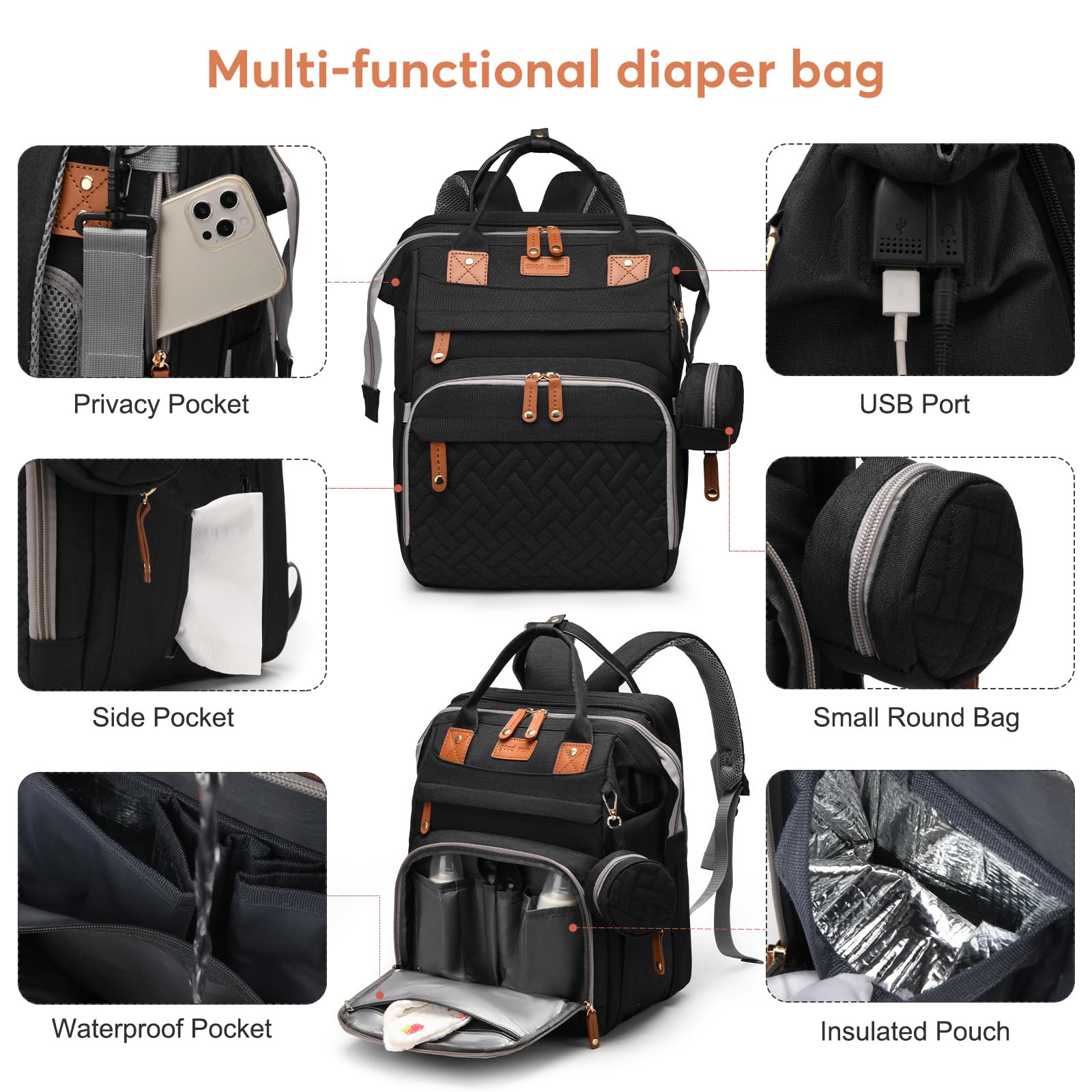 JKJRJJ diaper bag backpack USB charging port for on-the-go device charging