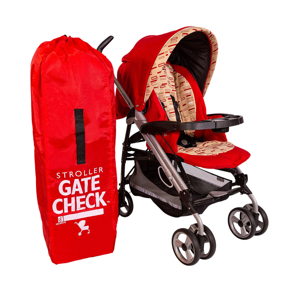 J.L. Childress gate check bag built-in pouch folds away when not in use.