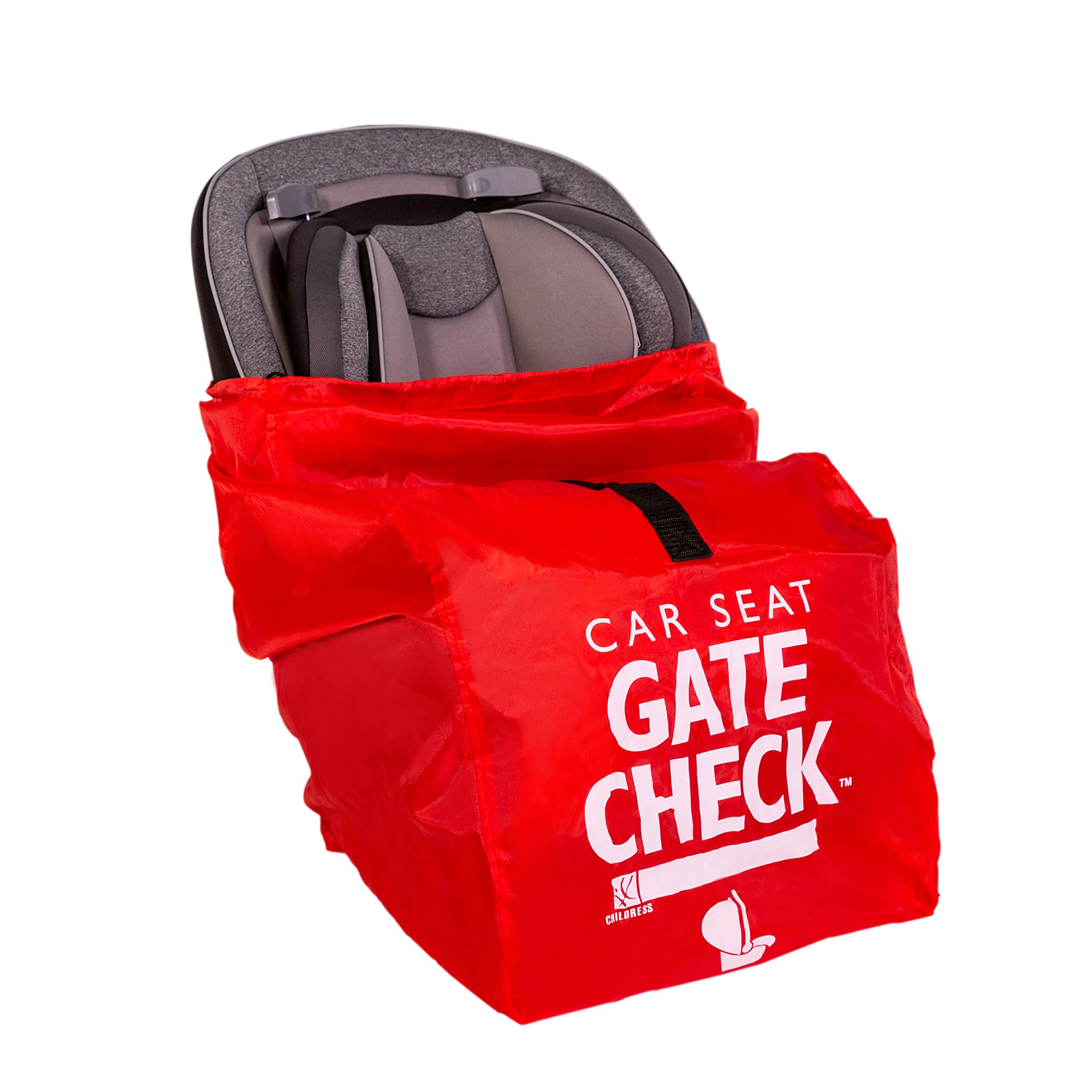 J.L. Childress Gate Check Bag red car-seat open view shows quick ID access for staff.