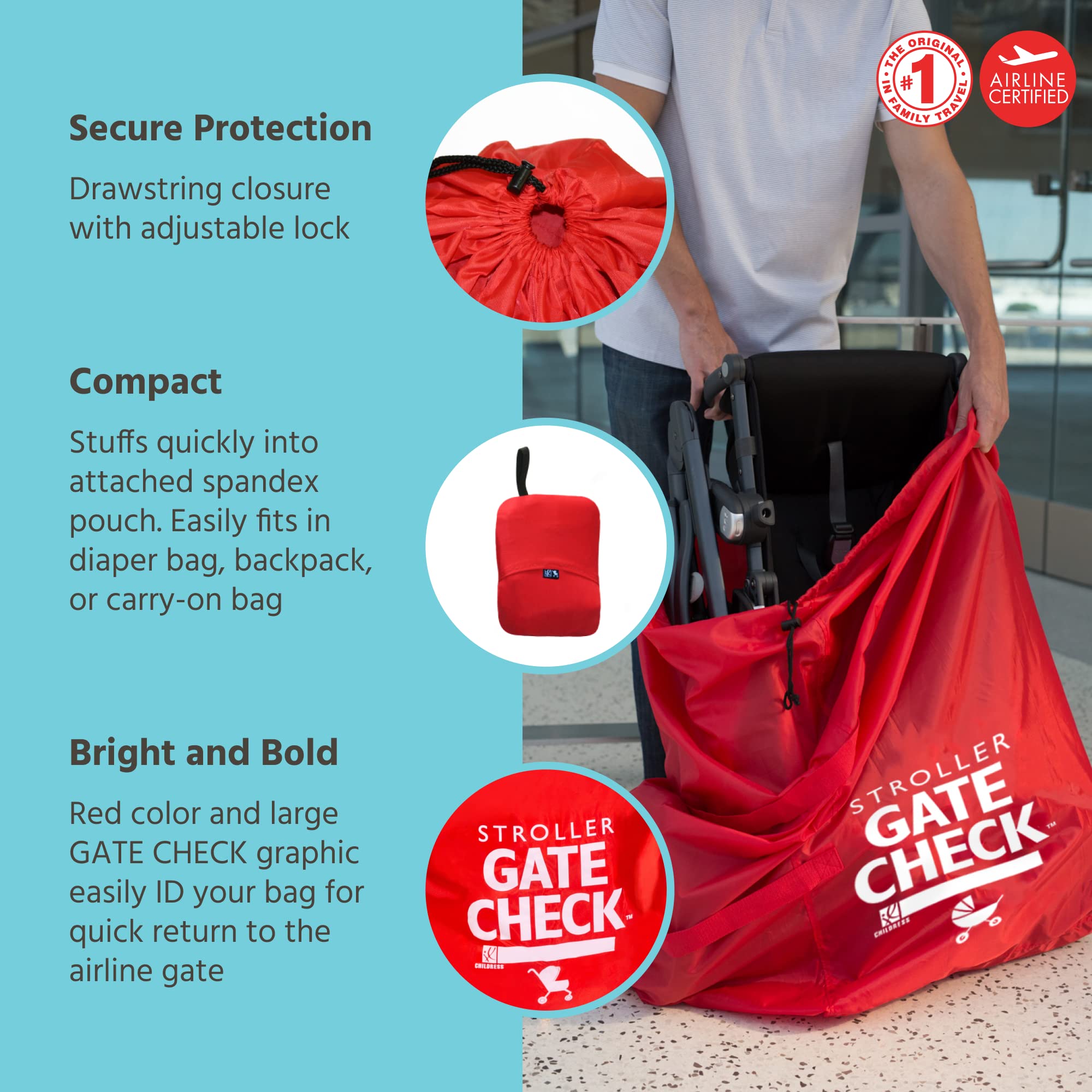 J.L. Childress gate-check bag drawstring closure demonstrates quick, secure closure for busy air travel