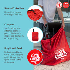 J.L. Childress gate-check bag drawstring closure demonstrates quick, secure closure for busy air travel