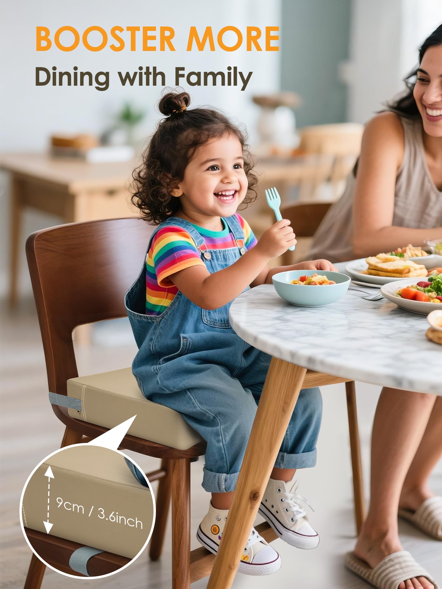 JLGCUF booster seat adjustable straps secure chair edges for stability.