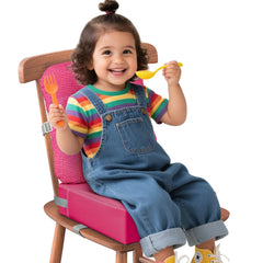 JLGCUF booster seat front view highlighting compact dining-friendly design