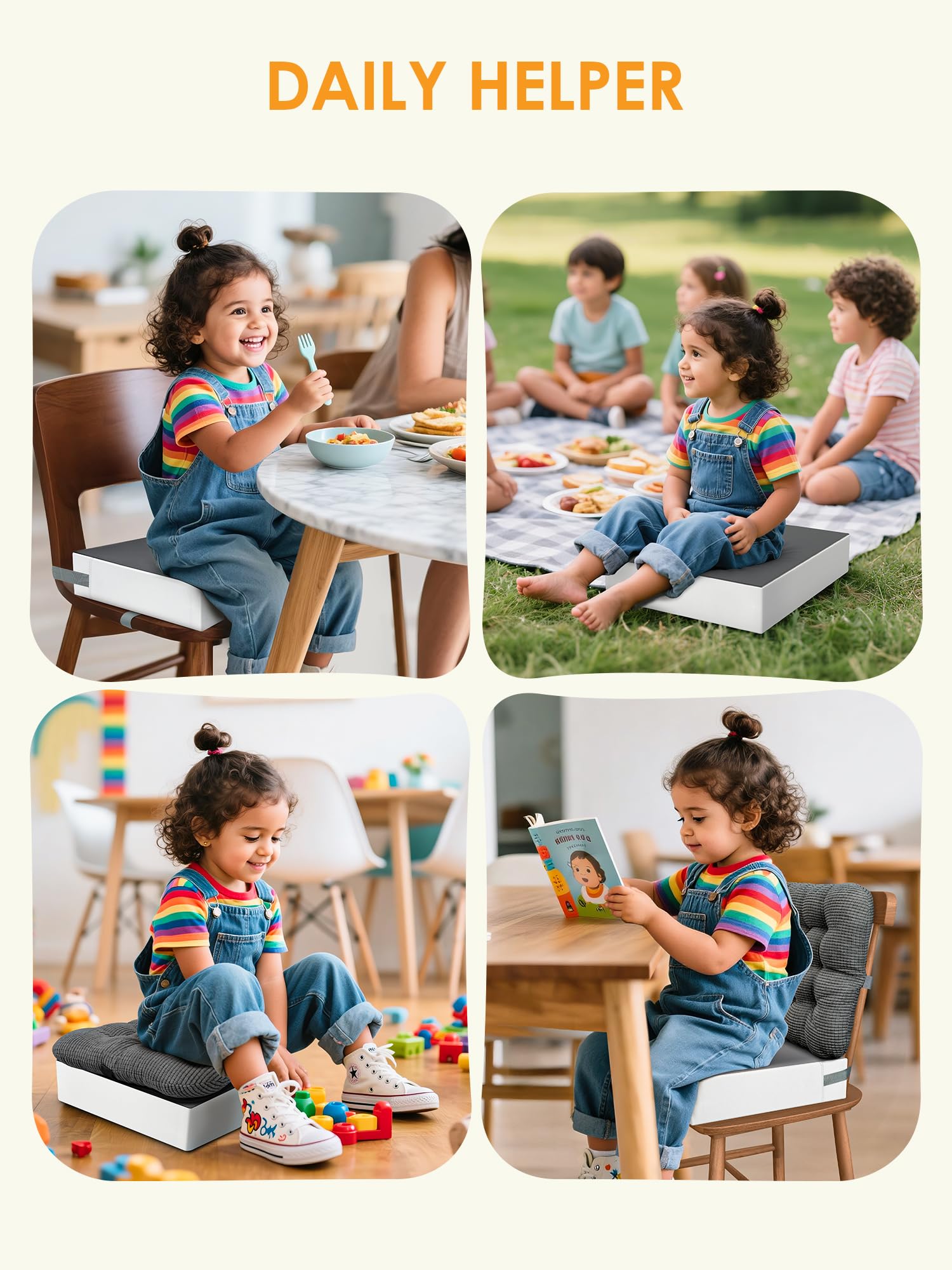 JLGCUF booster-seat dining-use on tables; compatible with many chairs.