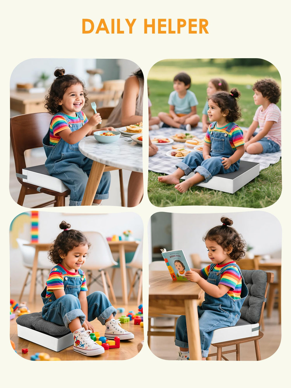 JLGCUF booster-seat dining-use on tables; compatible with many chairs.
